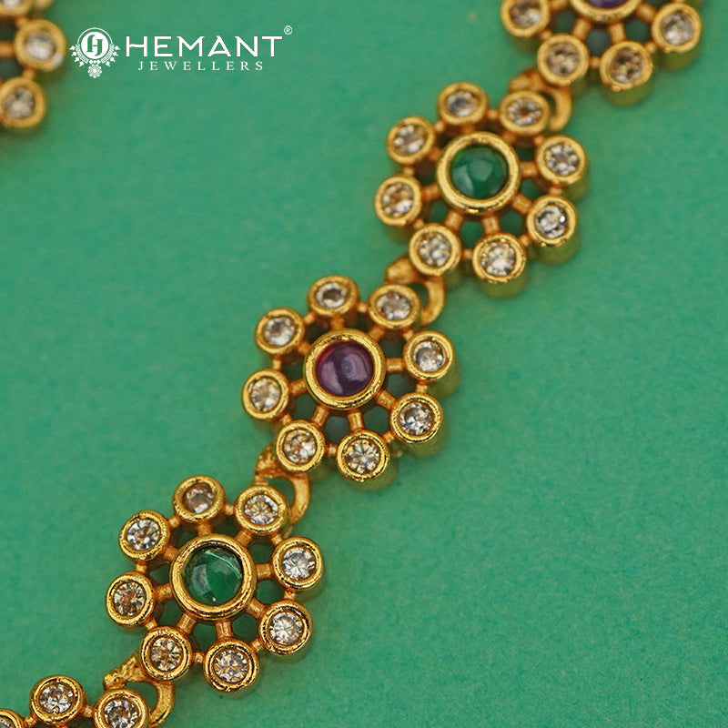 Antique Floral Design Kaan Chain (Mattal) with Ruby and Green CZ Stones - 5337 