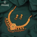 Antique Gold Plated Peacock Motif Necklace Set with Jhumka Earrings - 586