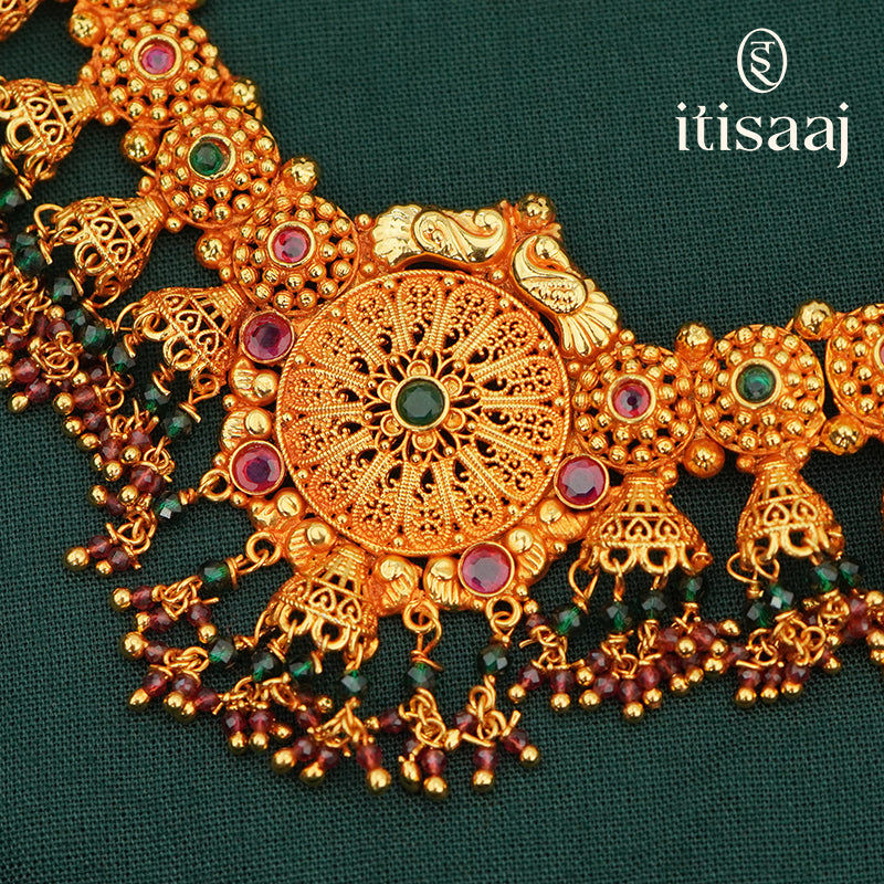 Antique Gold Plated Peacock Motif Necklace Set with Jhumka Earrings - 586