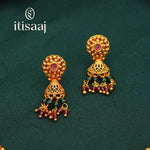 Antique Gold Plated Peacock Motif Necklace Set with Jhumka Earrings - 586
