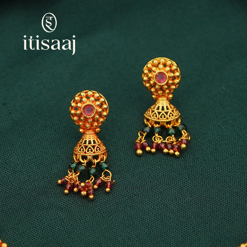Antique Gold Plated Peacock Motif Necklace Set with Jhumka Earrings - 586