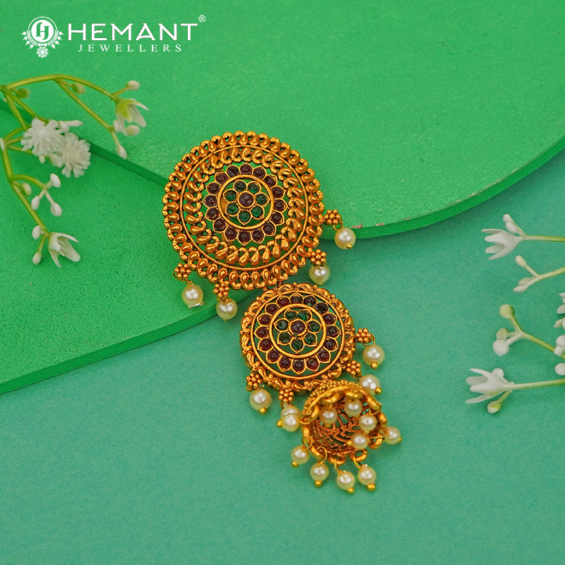 Antique Hair Brooch | Mini Jadai Billai for Bridal Hair | Ambada Hair Pin with Floral Stone Work and Pearl Drops - 5368