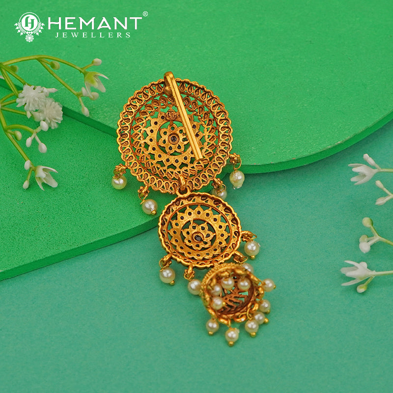 Antique Hair Brooch | Mini Jadai Billai for Bridal Hair | Ambada Hair Pin with Floral Stone Work and Pearl Drops - 5368