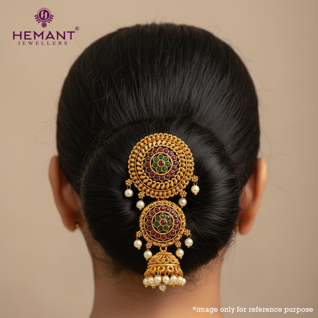 Antique Hair Brooch | Mini Jadai Billai for Bridal Hair | Ambada Hair Pin with Floral Stone Work and Pearl Drops - 5368