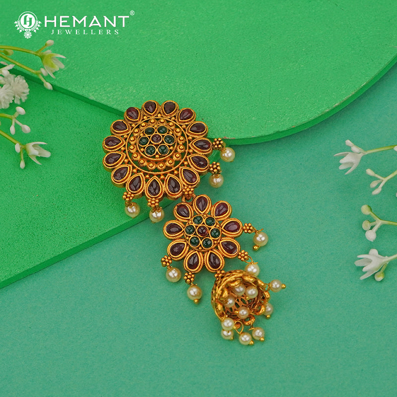 Antique Hair Brooch | Mini Jadai Billai for Bridal Hair | Floral Ambada Pin with Ruby, Green Stones and Pearl Jhumka - 5370
