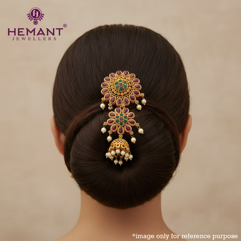 Antique Hair Brooch | Mini Jadai Billai for Bridal Hair | Floral Ambada Pin with Ruby, Green Stones and Pearl Jhumka - 5370