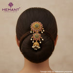 Antique Hair Brooch | Mini Jadai Billai for Bridal Hair | Floral Ambada Pin with Ruby, Green Stones and Pearl Jhumka - 5370