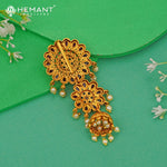 Antique Hair Brooch | Mini Jadai Billai for Bridal Hair | Floral Ambada Pin with Ruby, Green Stones and Pearl Jhumka - 5370
