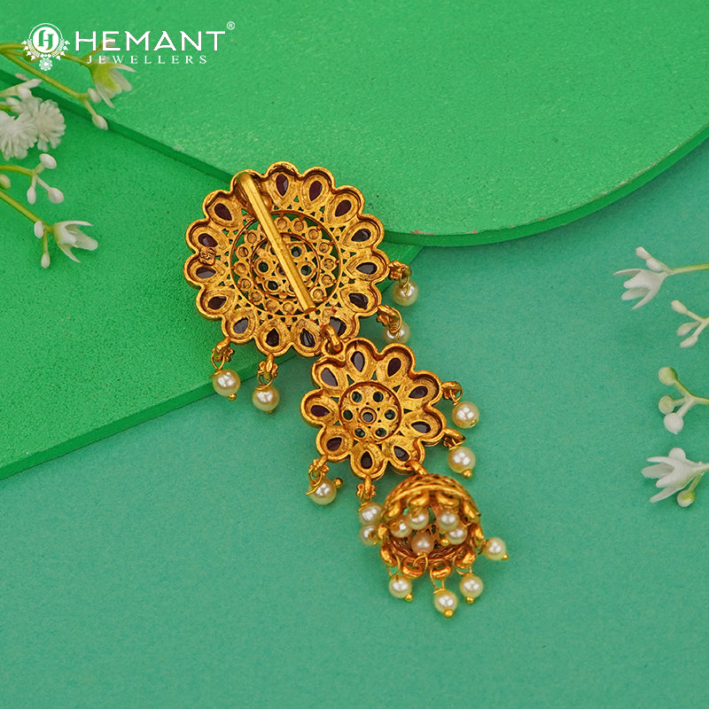 Antique Hair Brooch | Mini Jadai Billai for Bridal Hair | Floral Ambada Pin with Ruby, Green Stones and Pearl Jhumka - 5370