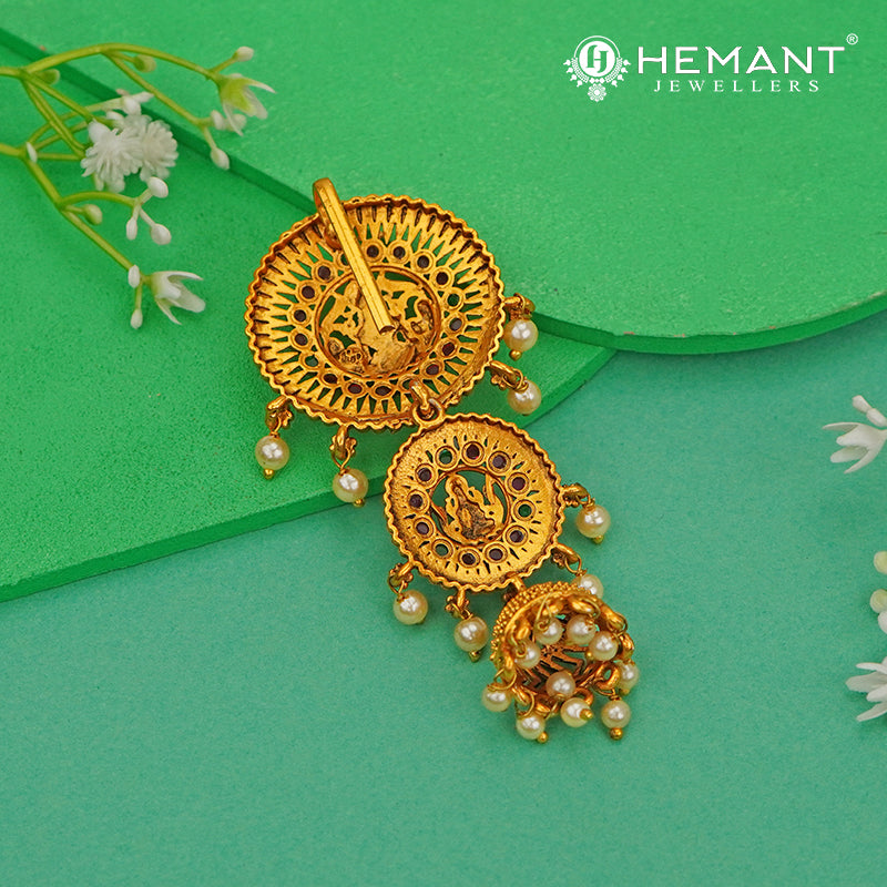 Antique Hair Brooch | Mini Jadai Billai for Bridal Hair | Temple Style Deity Motif Ambada Pin with Jhumka Dangles - 5369