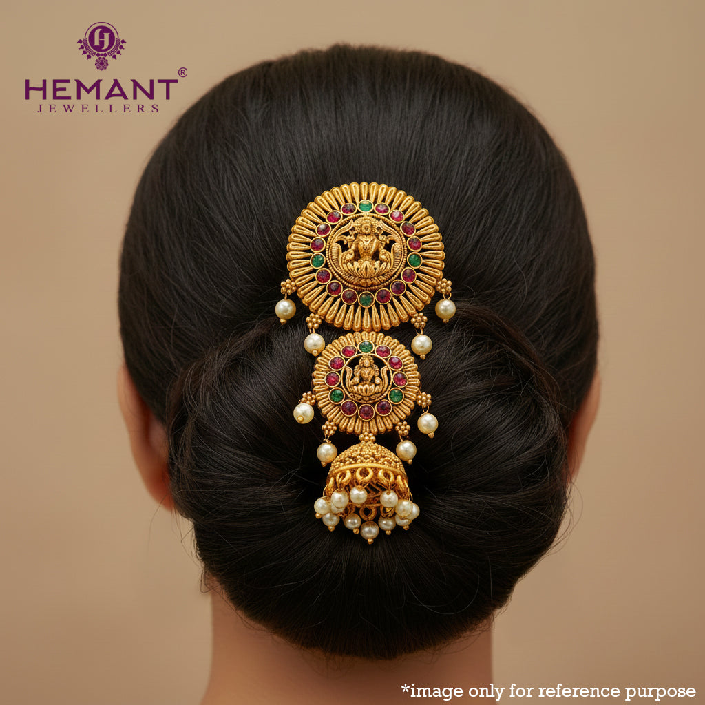 Antique Hair Brooch | Mini Jadai Billai for Bridal Hair | Temple Style Deity Motif Ambada Pin with Jhumka Dangles - 5369