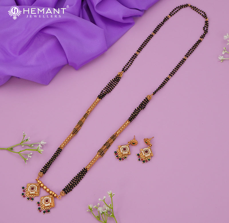 Antique Long Mangalsutra Set with Square Pearl and CZ Pendant | Fashion Jewellery - 5244