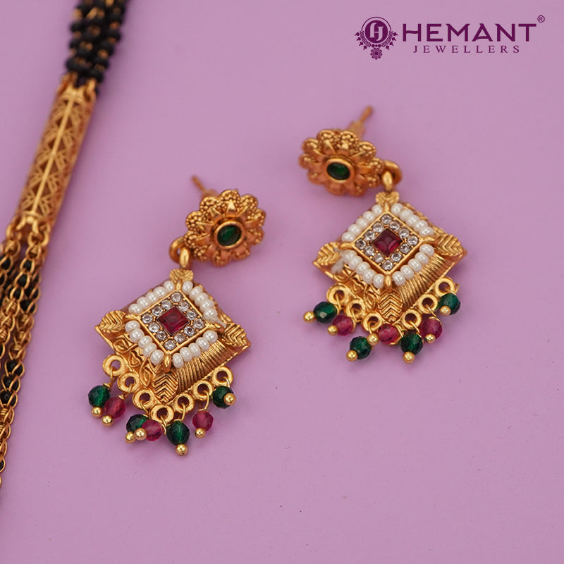 Antique Long Mangalsutra Set with Square Pearl and CZ Pendant | Fashion Jewellery - 5244