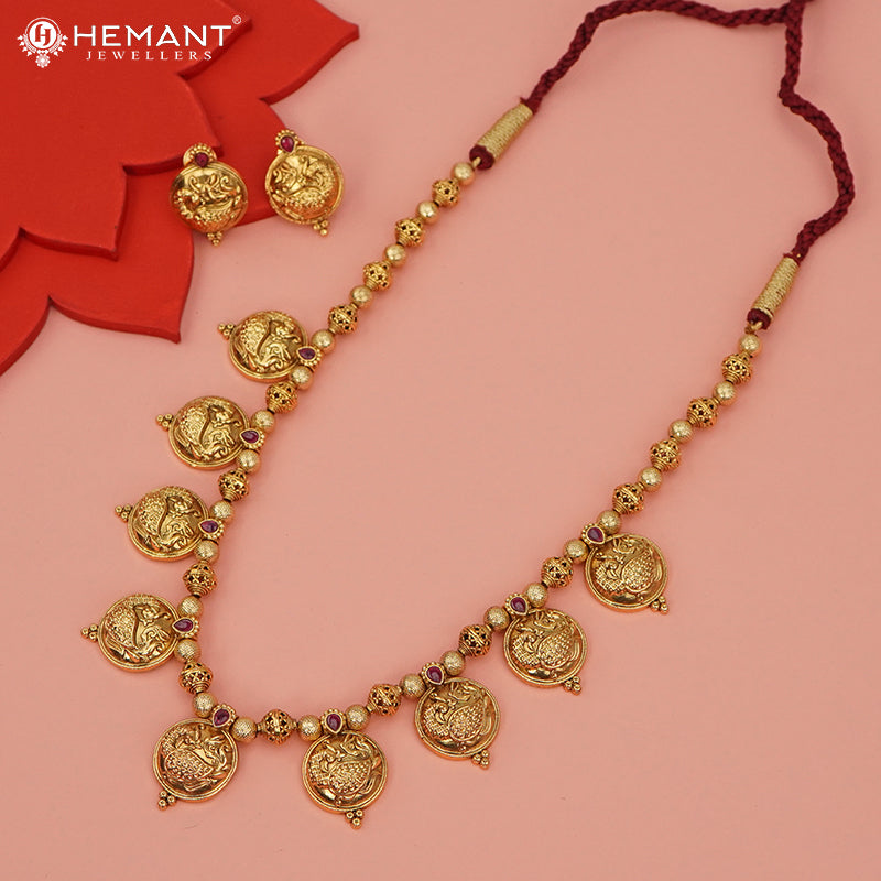 Antique Long Necklace Set with Earrings - 3992-4630 #red