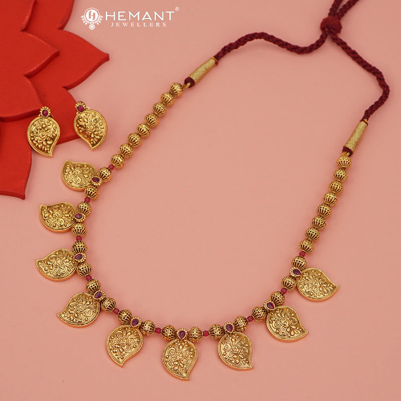 Antique Long Necklace Set with Earrings - 3994-4640 #red