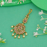 Antique Maang Tikka |  CZ Stone Maang Tikka with Ruby Accents and Pearl Drops - 4085
