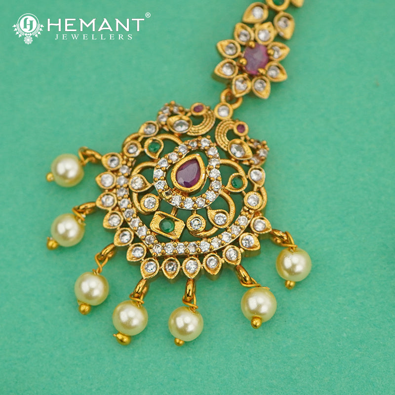 Antique Maang Tikka |  CZ Stone Maang Tikka with Ruby Accents and Pearl Drops - 4085