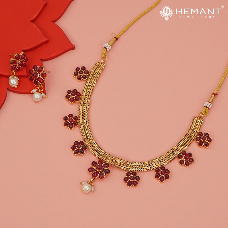 Antique Necklace Set with Earrings - 3951-4642 #red