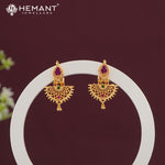 Chandbali Earrings - Ornate Ruby and Green Stone Drop Earrings - 5188