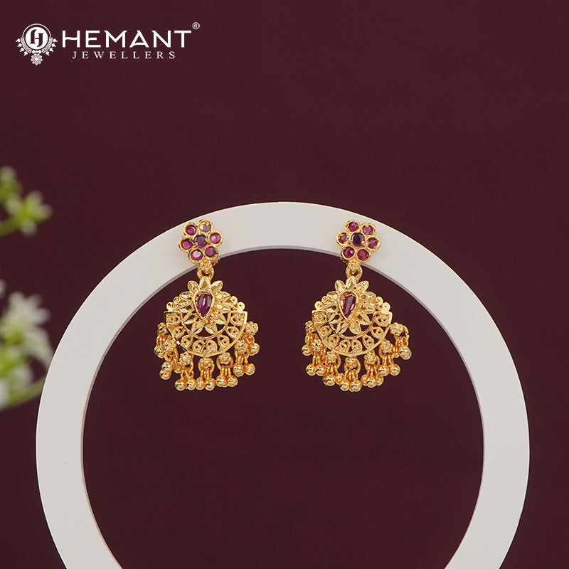 Chandbali Earrings - Ornate Ruby and Green Stone Drop Earrings - 5190