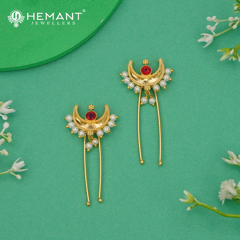 Chandrakor Ambada Hair Pin Set with Ruby Stone and Pearls | Traditional Festive Accessory - 5197