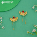 Classic Golden Semi-Circle Ambada Hair Pin Set | Faux Ruby Traditional Hair Ornament - 5199
