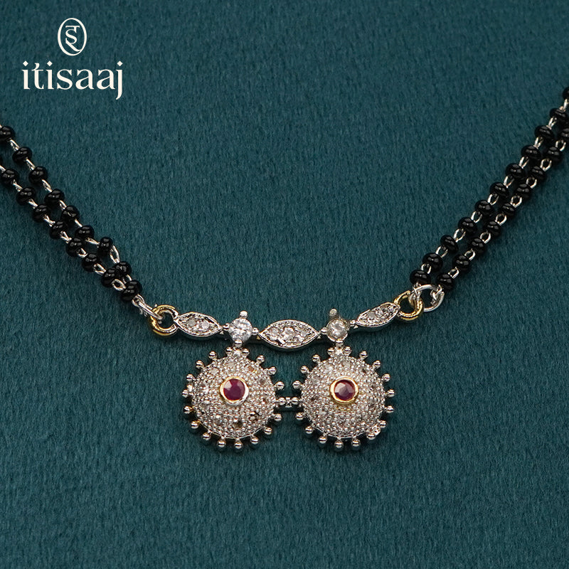 Classic Micro Gold Plated Dual Vati CZ and Ruby Stone Short Mangalsutra - 5094