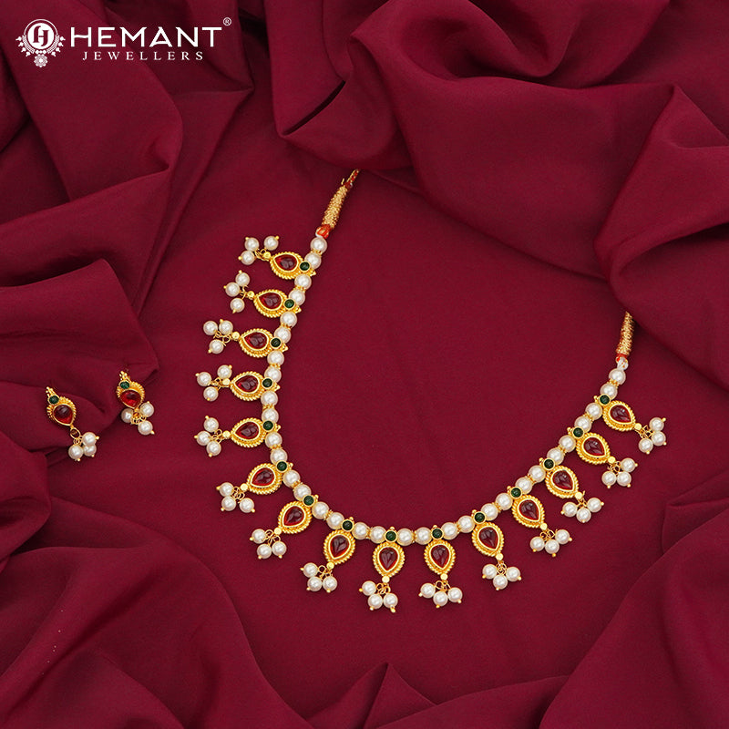 Classic Red Stone and Pearl Choker Necklace Set | Traditional Gold Look Ethnic Jewellery - 2564