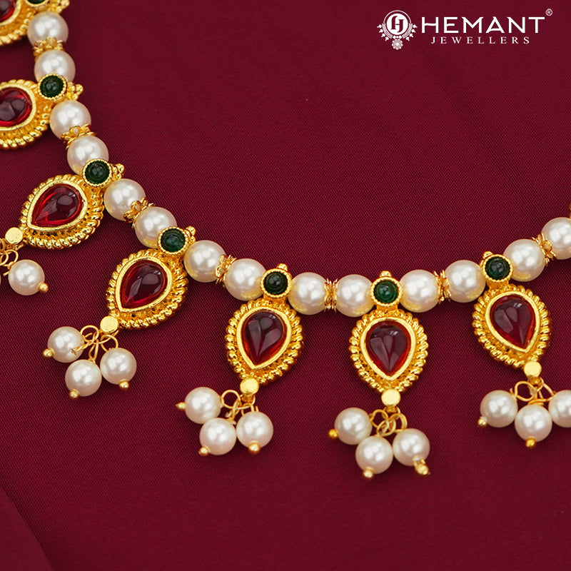 Classic Red Stone and Pearl Choker Necklace Set | Traditional Gold Look Ethnic Jewellery - 2564