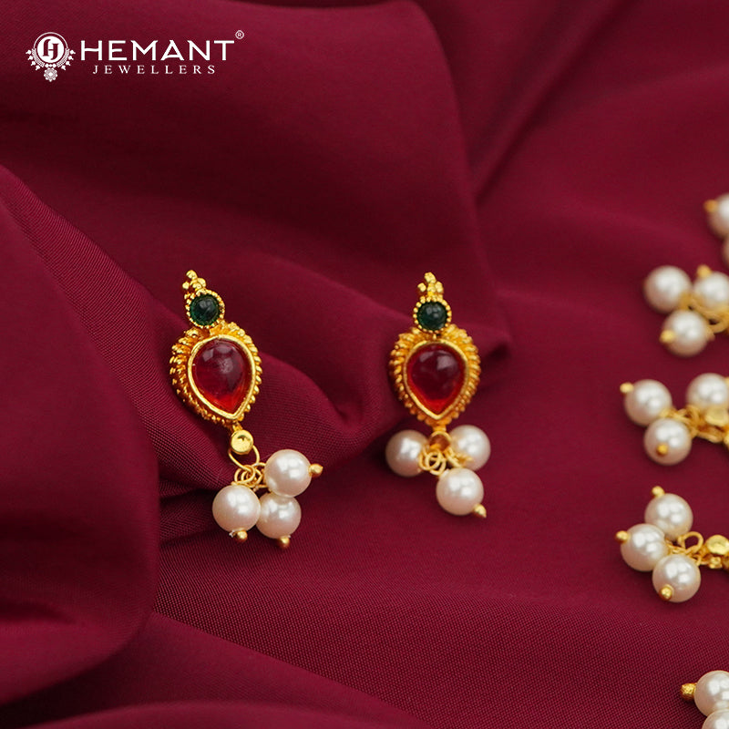 Classic Red Stone and Pearl Choker Necklace Set | Traditional Gold Look Ethnic Jewellery - 2564