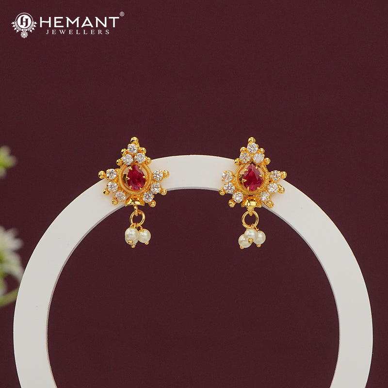 Classic Ruby Red CZ Stud Earrings with Pearl Drops - 5024