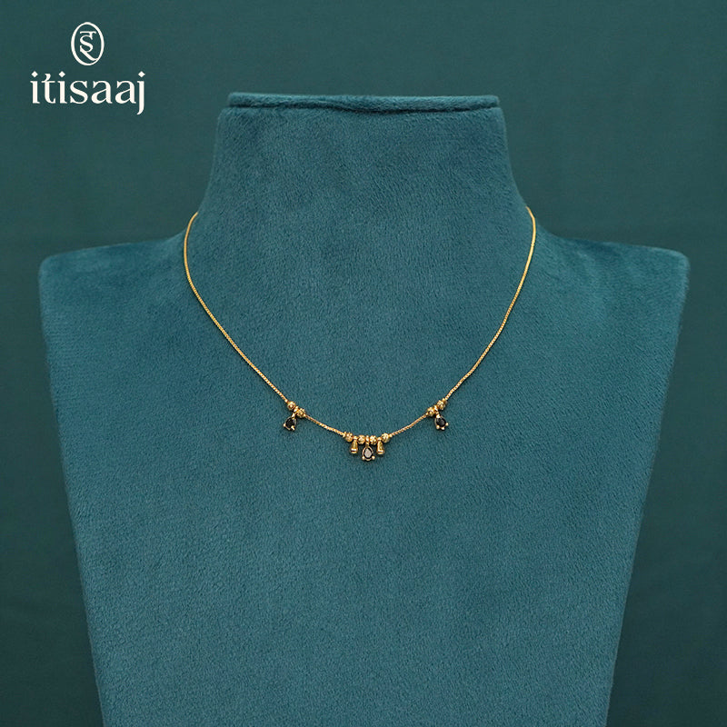 Delicate Micro Gold Plated Chain Necklace with Black Stone Charms - 4011
