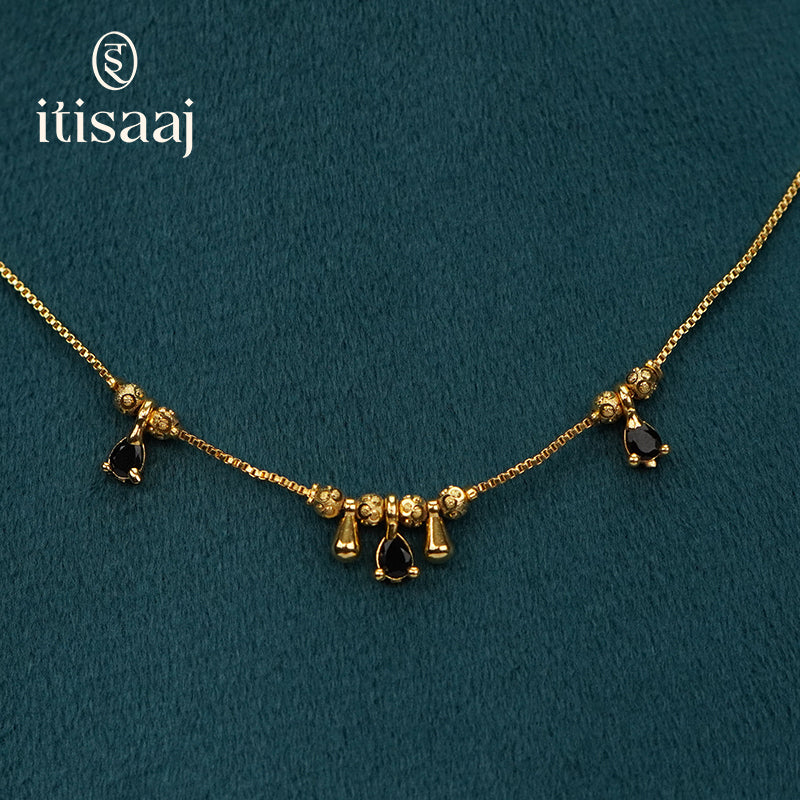 Delicate Micro Gold Plated Chain Necklace with Black Stone Charms - 4011
