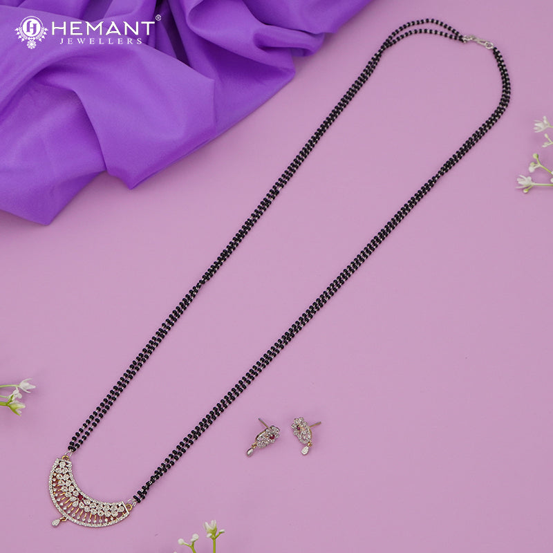 Elegant AD Studded Dual-Tone Long Mangalsutra Set with Crescent Pendant and Stud Earrings - 3675