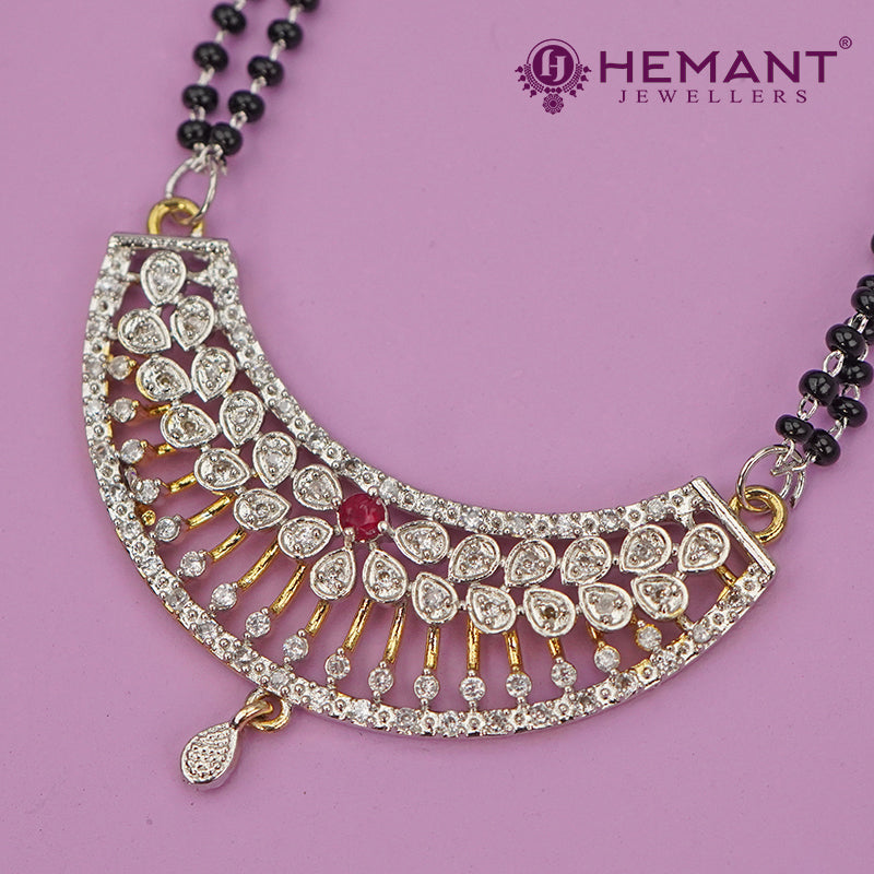 Elegant AD Studded Dual-Tone Long Mangalsutra Set with Crescent Pendant and Stud Earrings - 3675