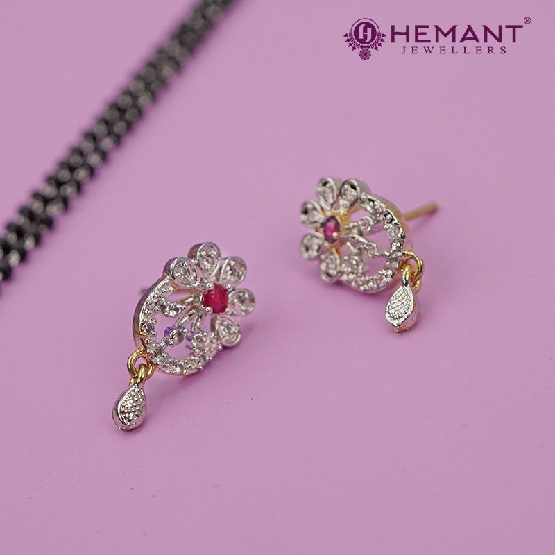 Elegant AD Studded Dual-Tone Long Mangalsutra Set with Crescent Pendant and Stud Earrings - 3675
