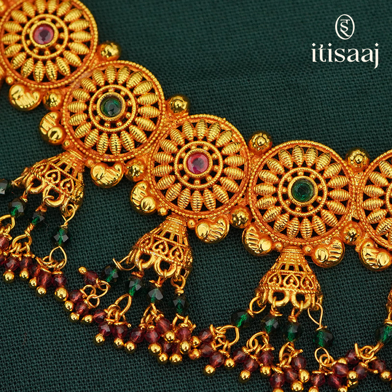 Elegant Antique Gold Plated Floral Necklace Set with Matching Jhumka Earrings - 3796