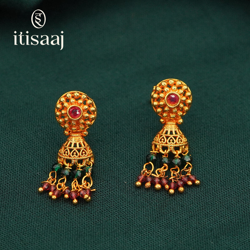 Elegant Antique Gold Plated Floral Necklace Set with Matching Jhumka Earrings - 3796