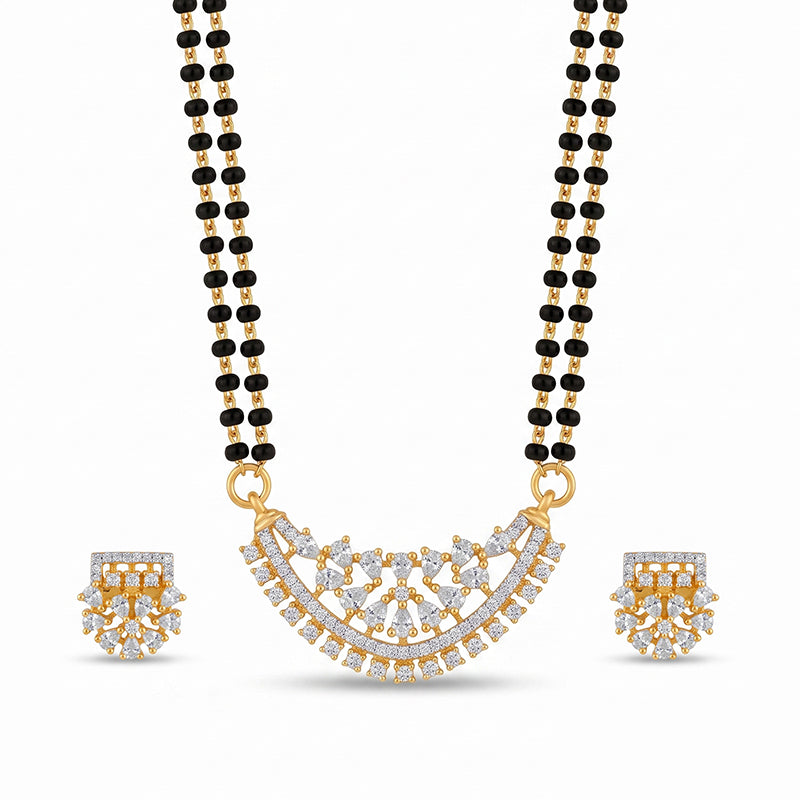 Elegant Crescent Floral Cubic Zirconia Mangalsutra Set with Matching Earrings - 5657