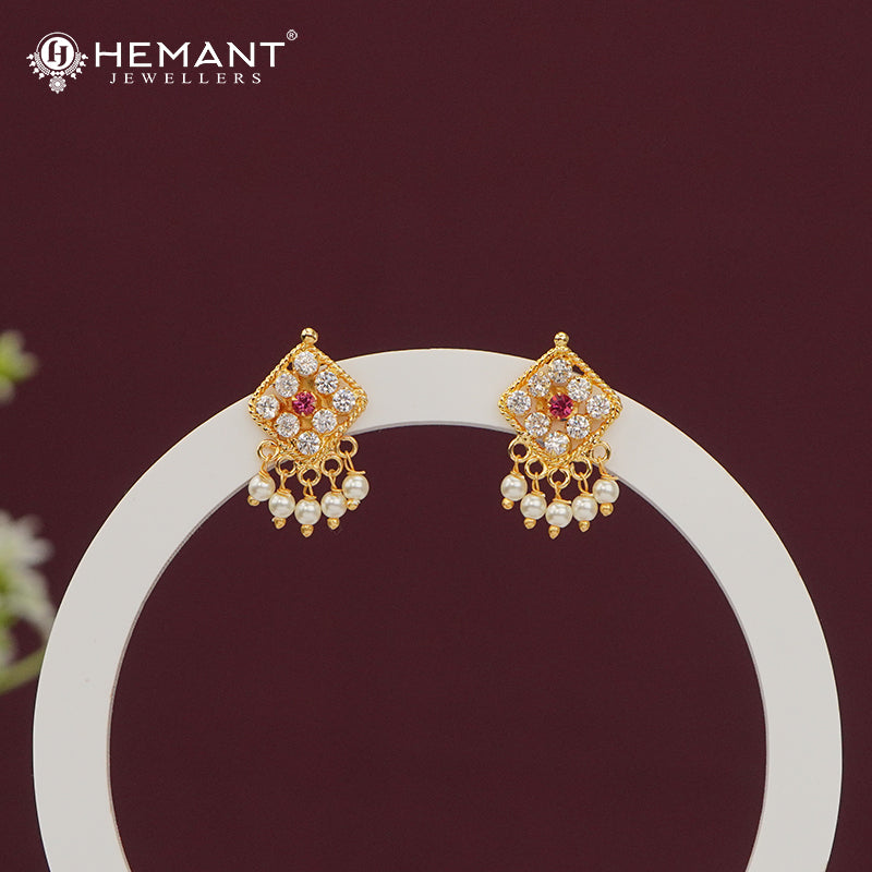 Elegant Diamond Look Stone Stud Earrings with Semi Cultured Pearl Drops - 5313