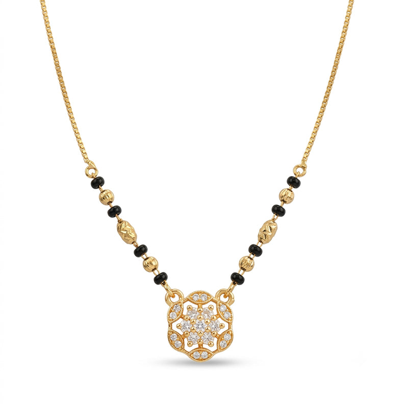 Elegant Floral CZ Pendant Short Mangalsutra with Textured Gold and Black Beads - 5203