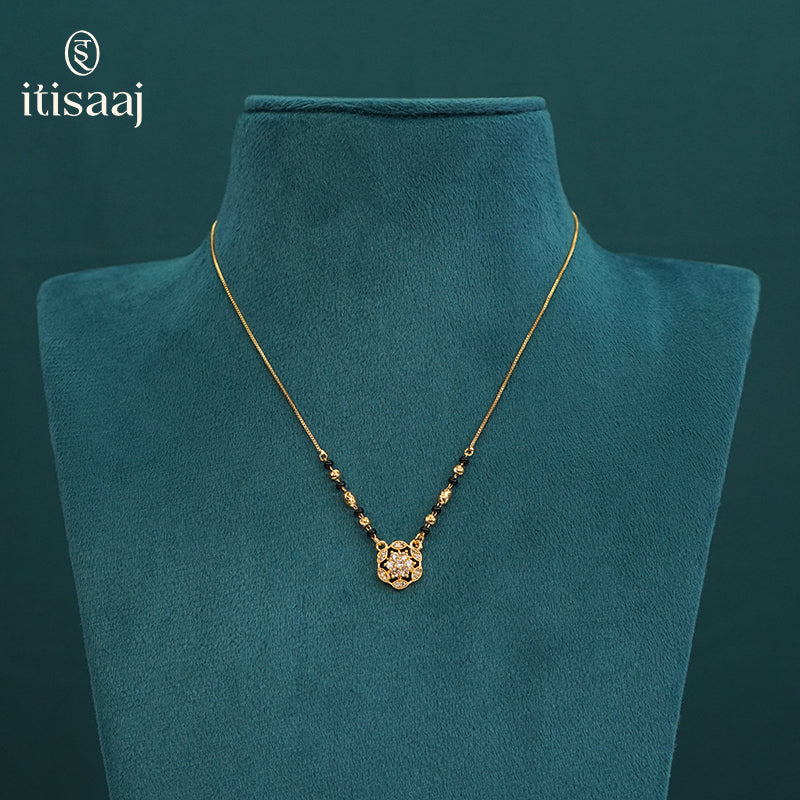 Elegant Floral CZ Pendant Short Mangalsutra with Textured Gold and Black Beads - 5203