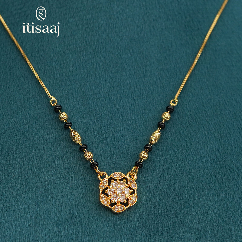 Elegant Floral CZ Pendant Short Mangalsutra with Textured Gold and Black Beads - 5203