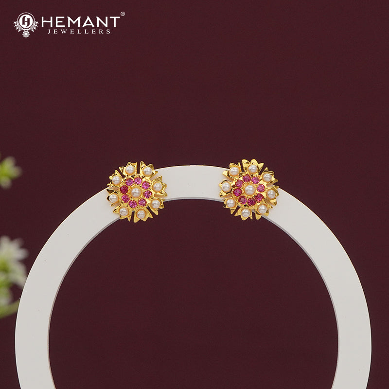 Elegant Floral Stud Earrings with Ruby Pink Stones and Pearls - 463