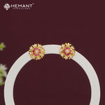 Elegant Floral Stud Earrings with Ruby Pink Stones and Pearls - 463