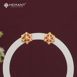 Elegant Floral Stud Earrings with Ruby Pink Stones and Pearls - 5480