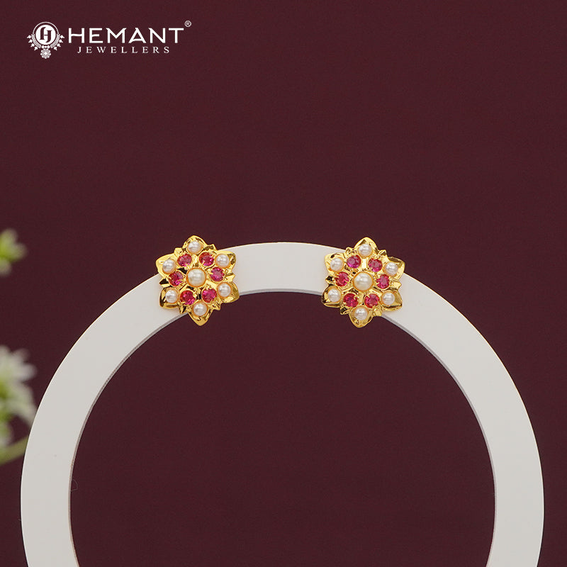 Elegant Floral Stud Earrings with Ruby Pink Stones and Pearls - 5480