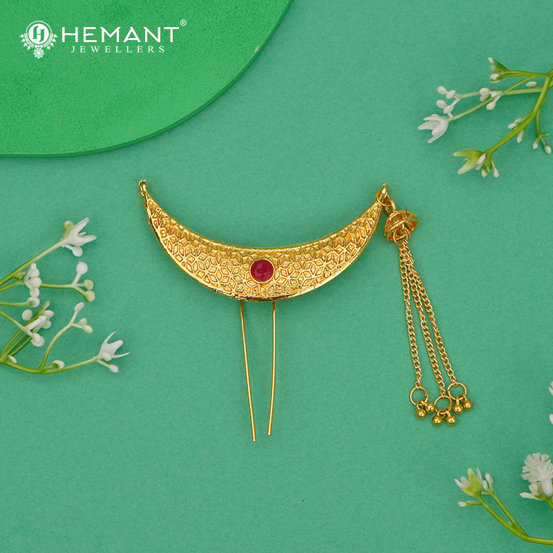 Elegant Gold Plated Crescent Chand Hair Pin with Dangling Chains | Traditional Ambada Accessory - 3060