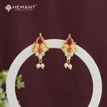 Elegant Gold Plated Earrings with Ruby CZ and Semi-Cultured Pearl Cluster - 4904