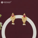 Elegant Gold Plated Earrings with Ruby CZ and Semi-Cultured Pearl Cluster - 5016